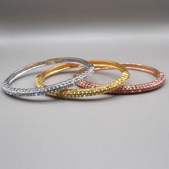 Lot of 3 Nolan Miller Swarovski Crystal Hinged Bangles Silver, Gold, Rose Gold - Picture 1 of 5